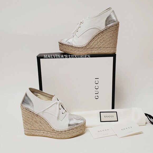 GUCCI SHOES PILAR GG LOGO LEATHER ESPADRILLES WEDGE LACE-UP sz IT 37 US 7